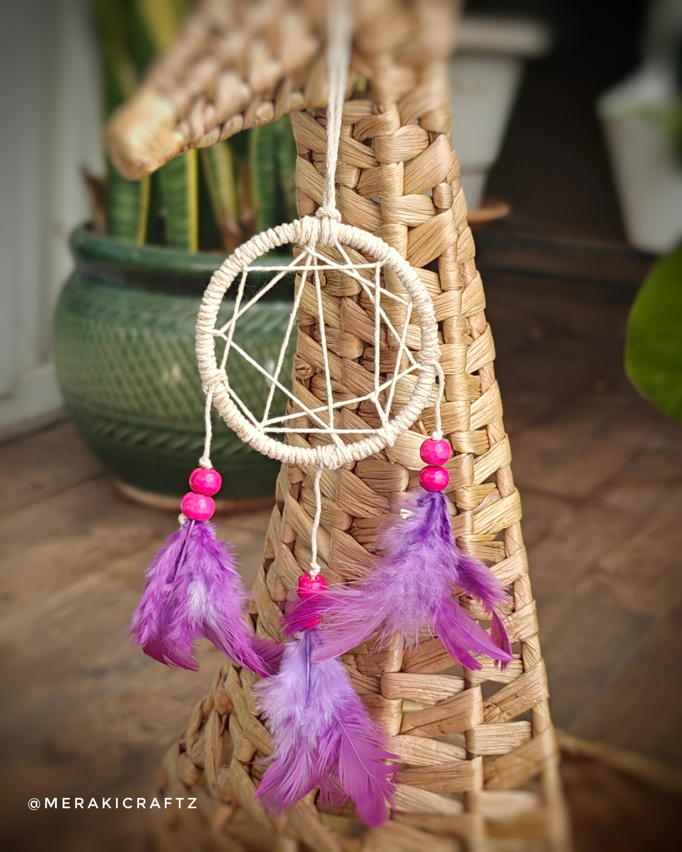 Handcrafted Upcycled Macramé Dreamcatcher – Bohemian Feather Charm (Purple Hues)