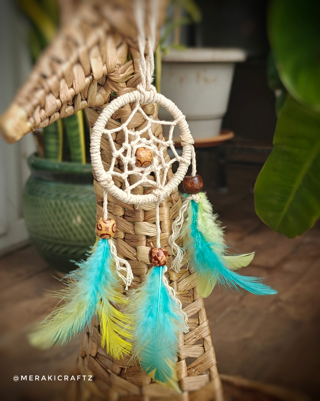Handcrafted Upcycled Macramé Dreamcatcher – Bohemian Feather Charm (Tropical)