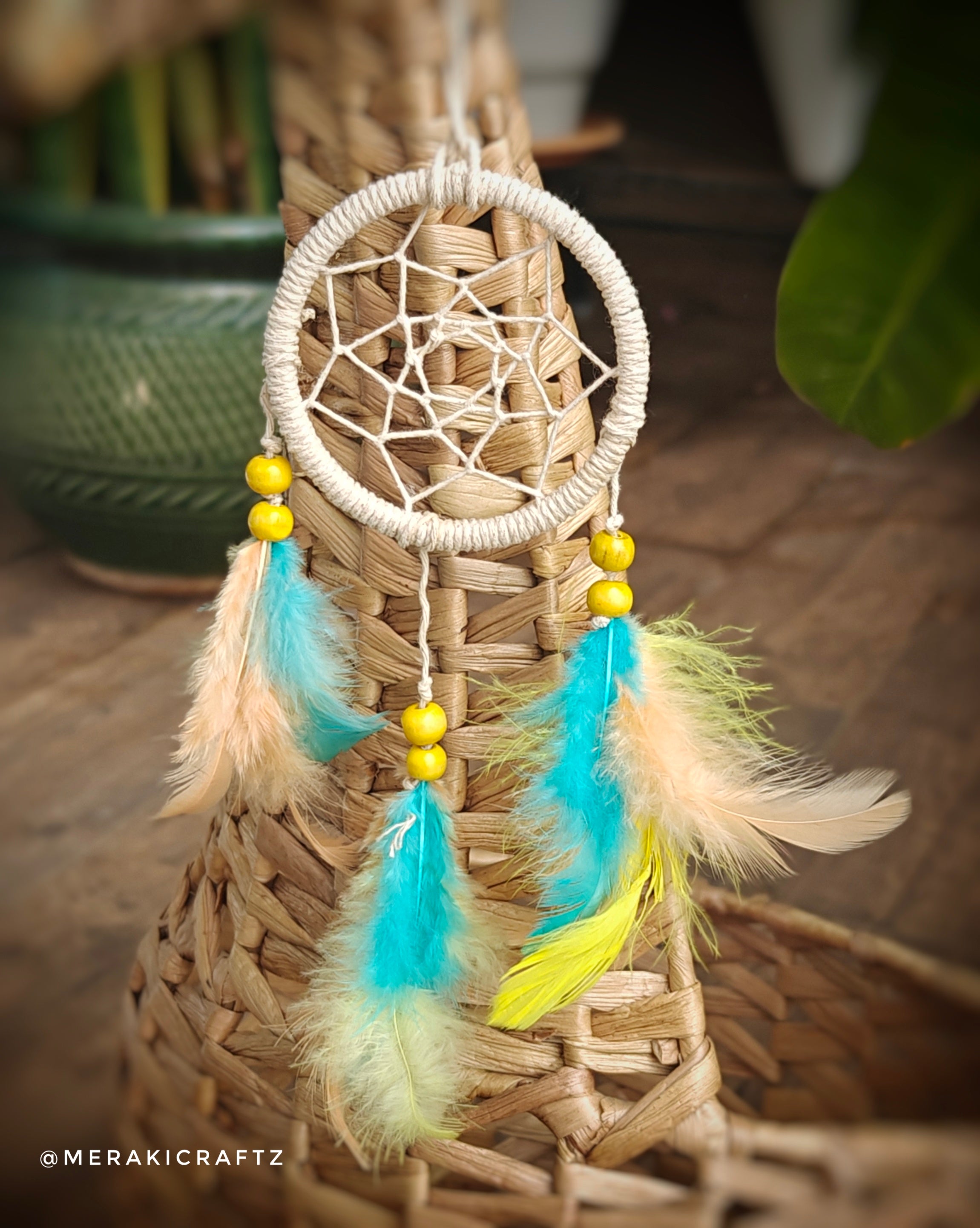 Handcrafted Upcycled Macramé Dreamcatcher – Bohemian Feather Charm (Tropical)