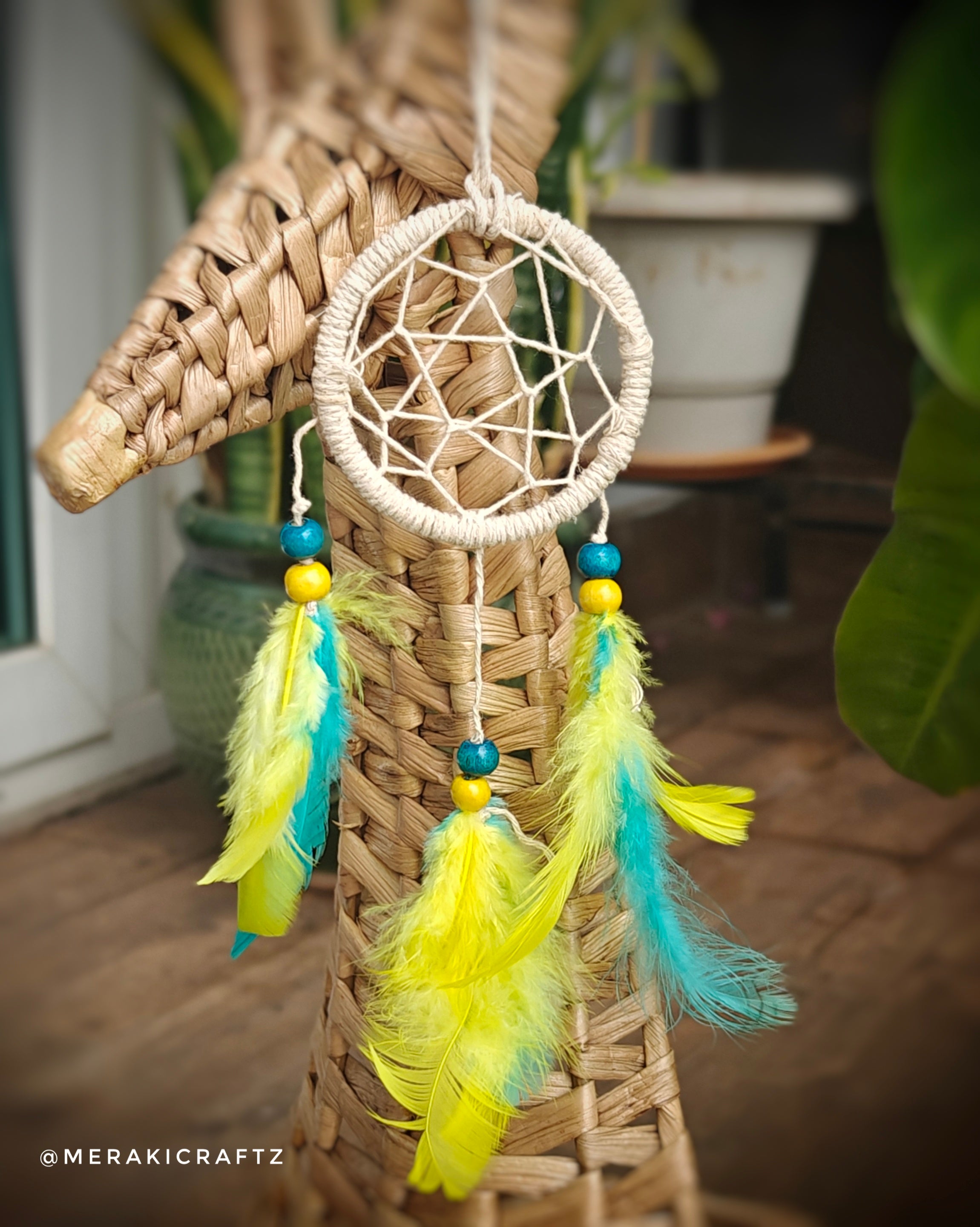 Handcrafted Upcycled Macramé Dreamcatcher – Bohemian Feather Charm (Tropical)