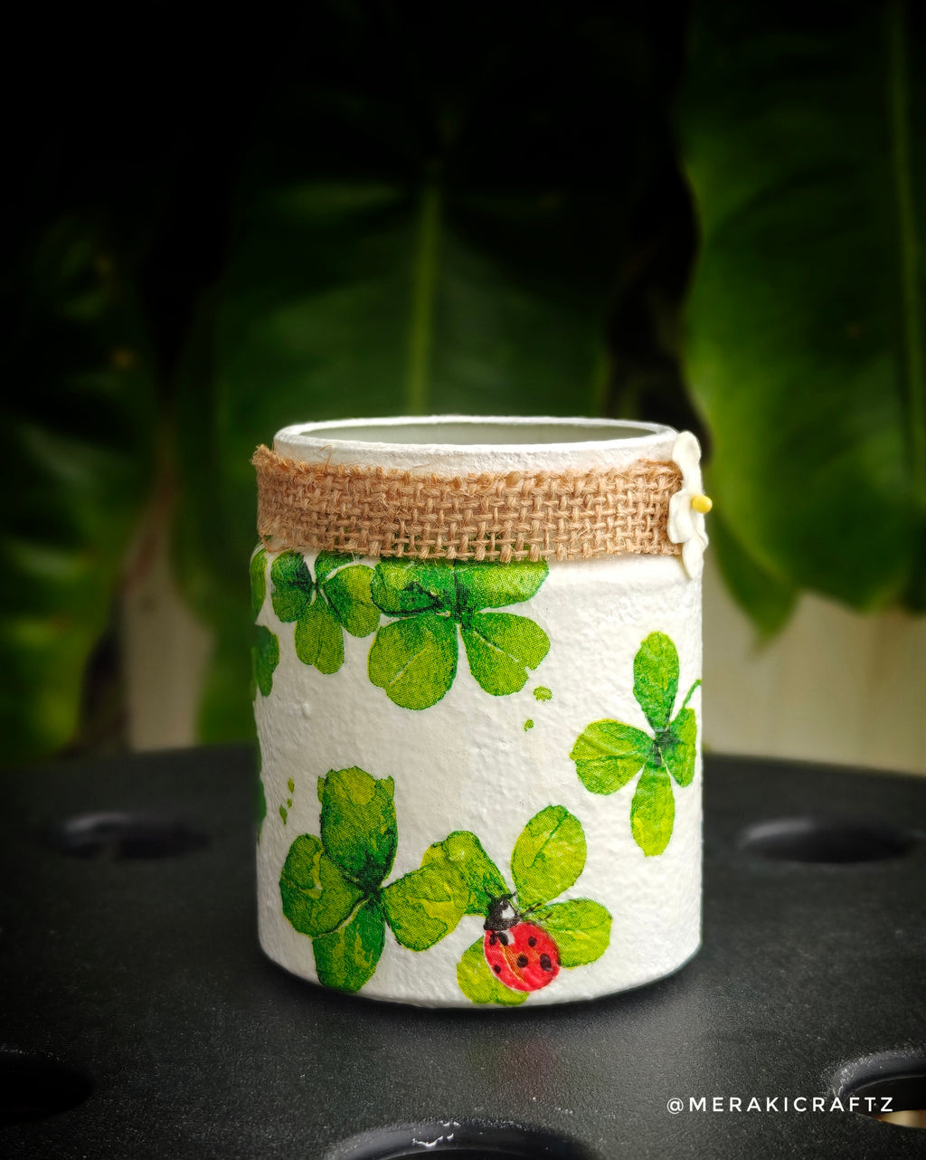 Handcrafted Upcycled Glass Jar – Lucky Clover Ladybug Charm