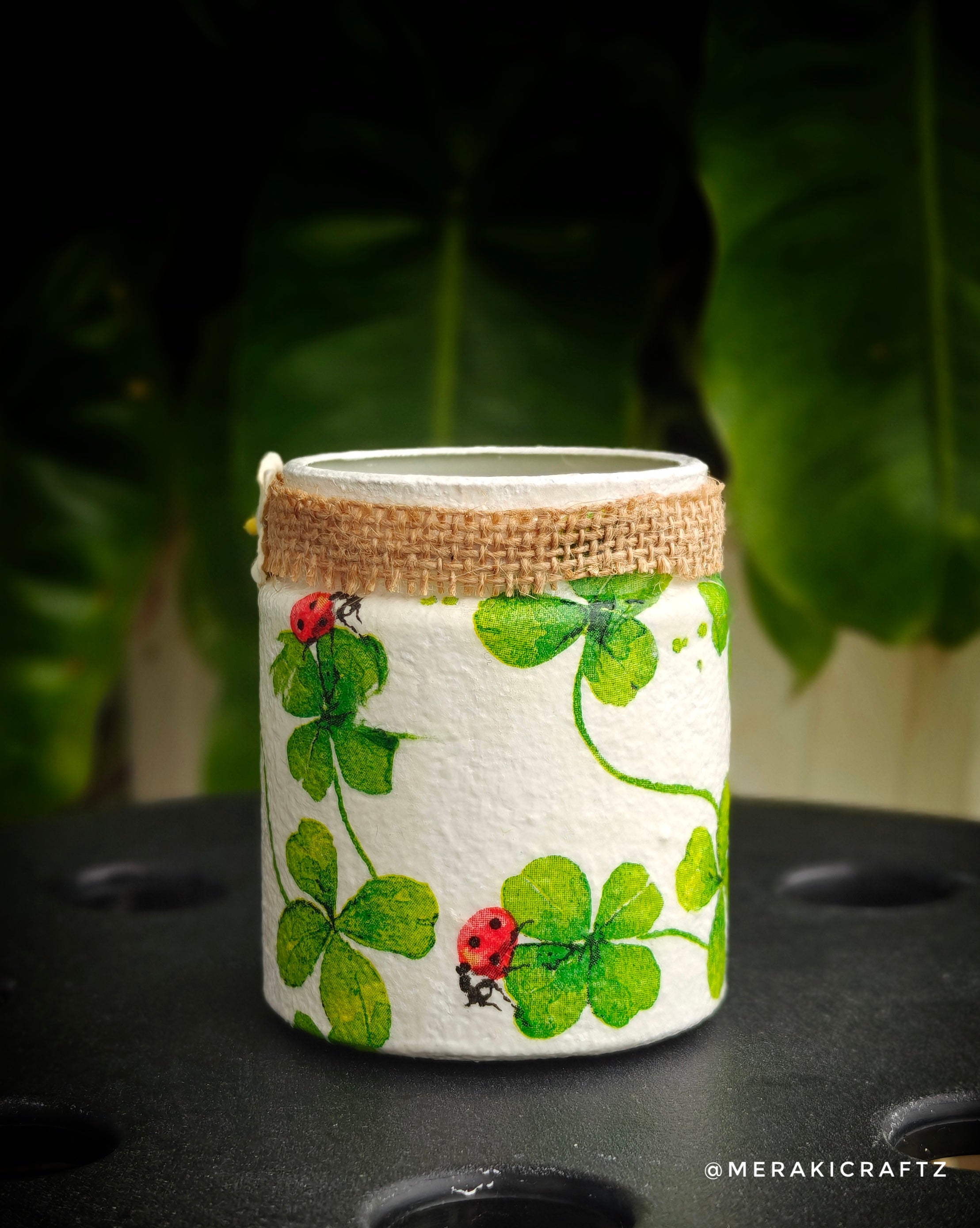 Handcrafted Upcycled Glass Jar – Lucky Clover Ladybug Charm