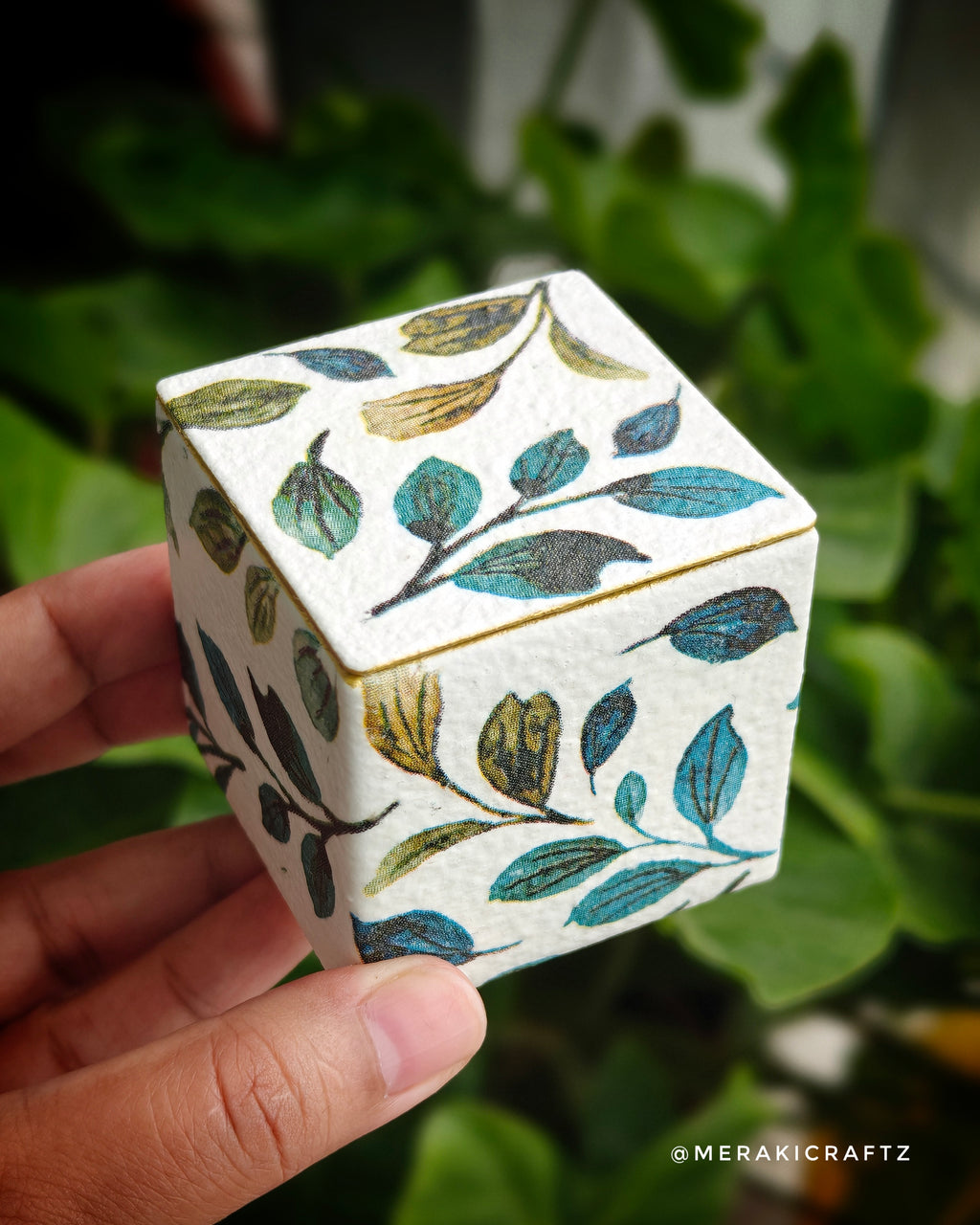 Handcrafted Upcycled Decorative Storage Box – Botanical Leaf Haven