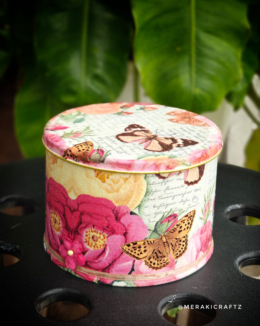 Handcrafted Upcycled Decoupaged Tin Container – Butterfly Blossom Keepsake Box