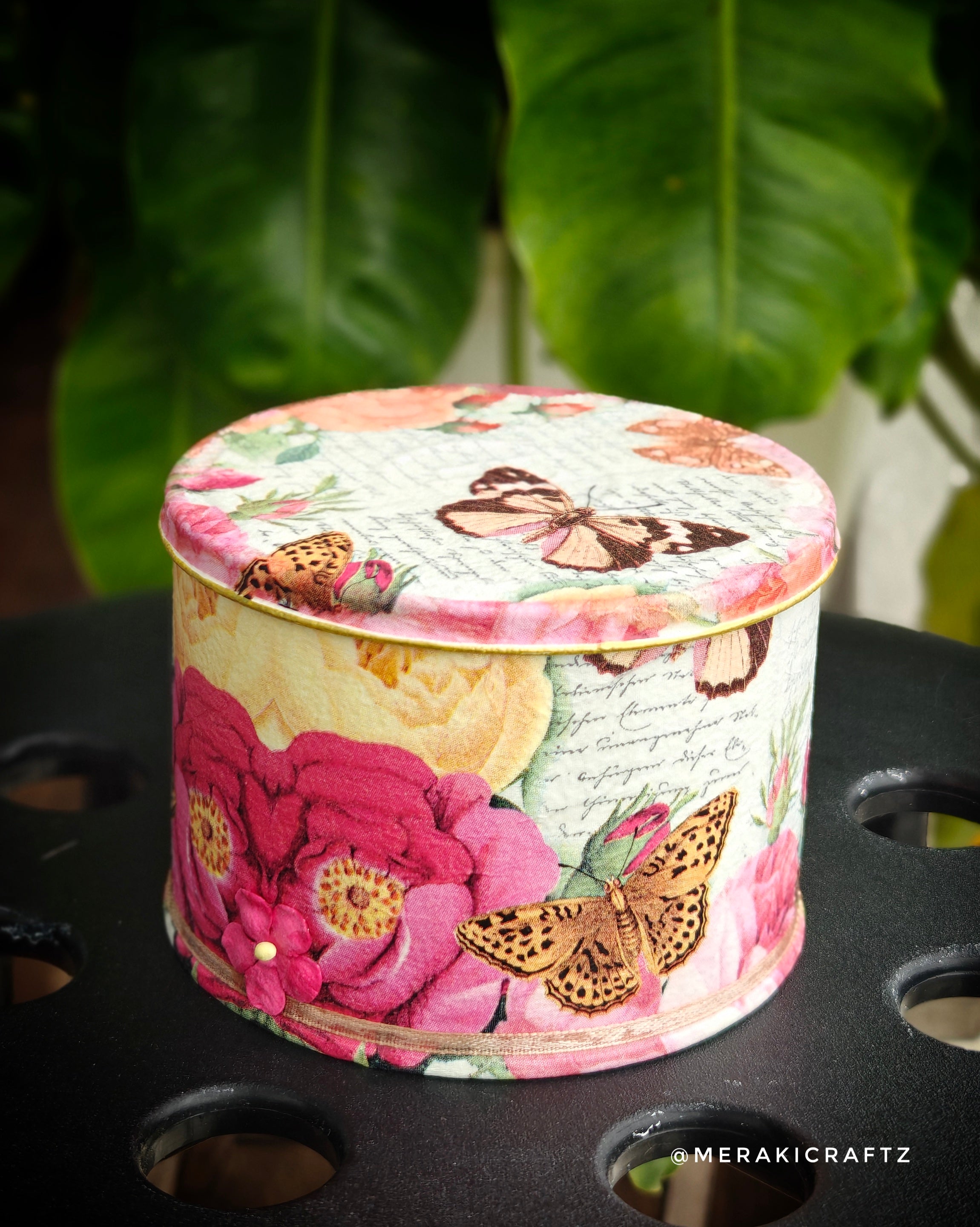 Handcrafted Upcycled Decoupaged Tin Container – Butterfly Blossom Keepsake Box