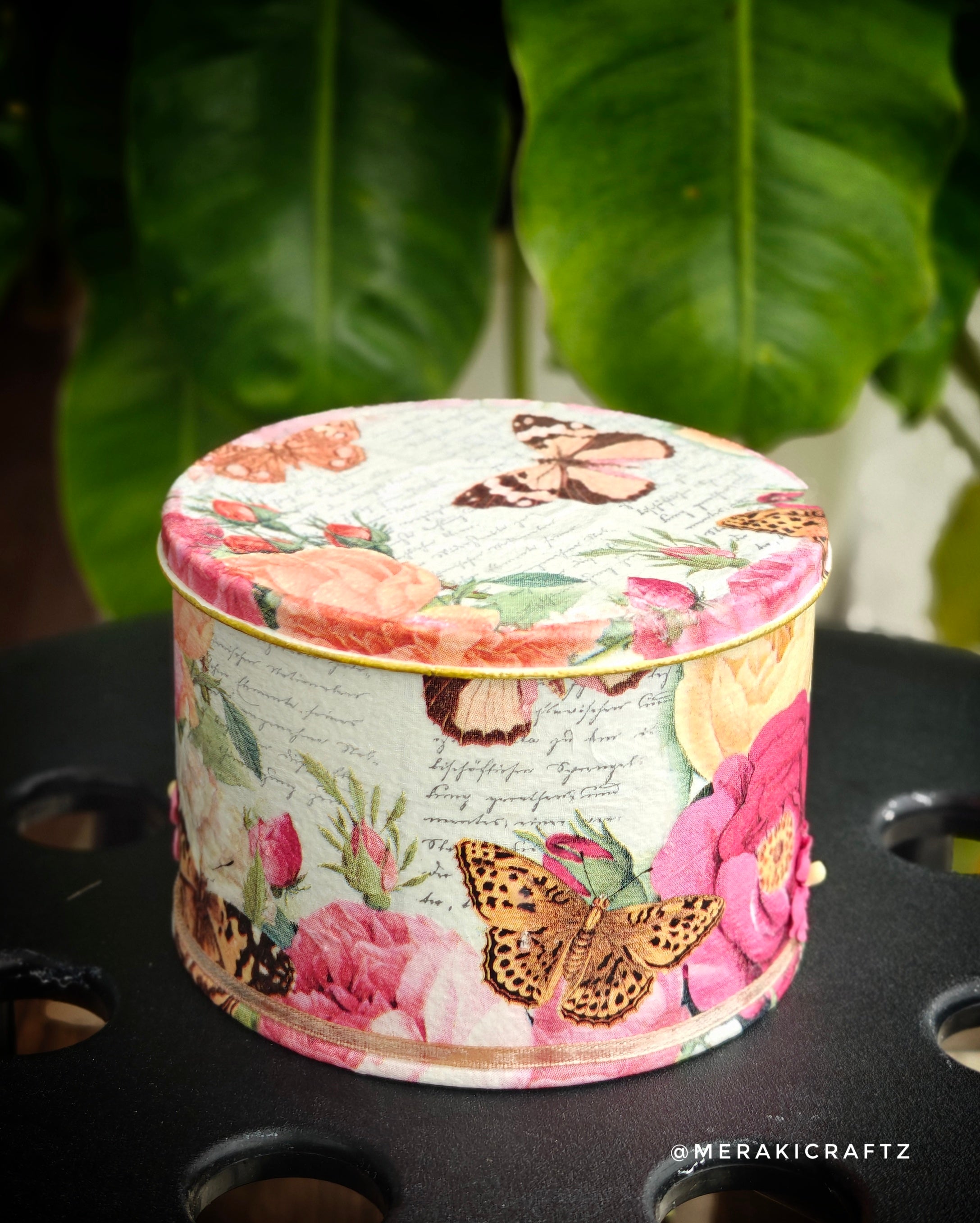 Handcrafted Upcycled Decoupaged Tin Container – Butterfly Blossom Keepsake Box