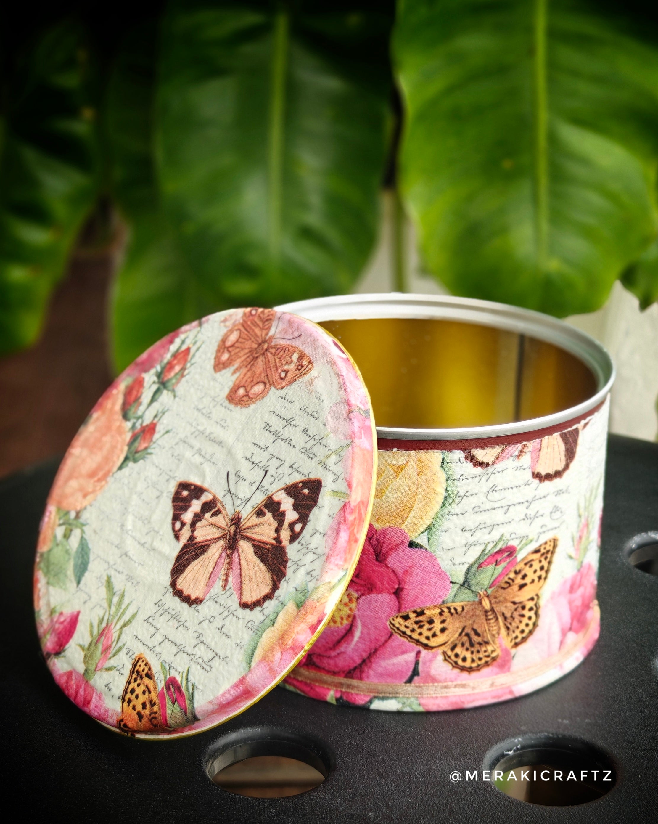 Handcrafted Upcycled Decoupaged Tin Container – Butterfly Blossom Keepsake Box