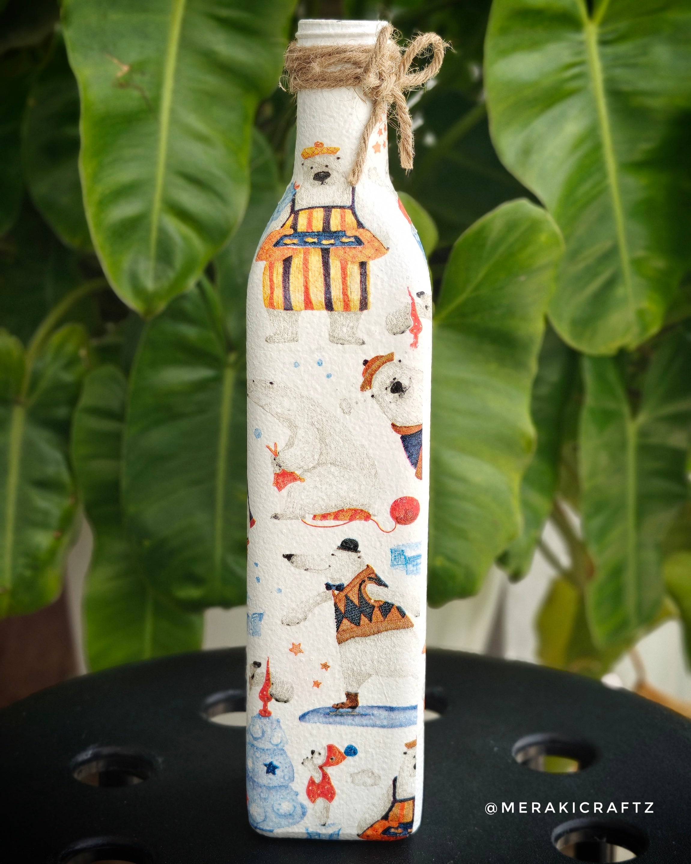 Handcrafted Upcycled Decoupaged Glass Bottle / Table Lamp – Polar Bear Winter Wonderland