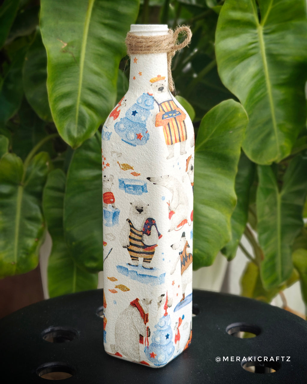 Handcrafted Upcycled Decoupaged Glass Bottle / Table Lamp – Polar Bear Winter Wonderland