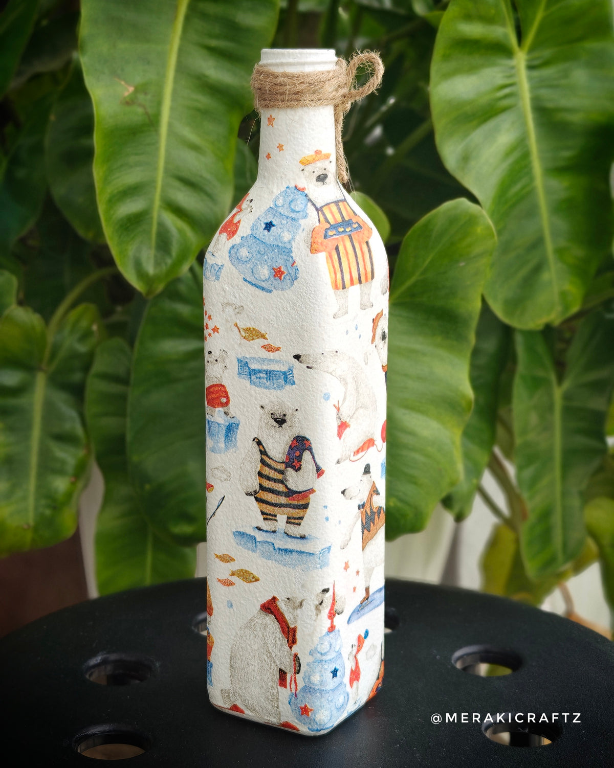 Handcrafted Upcycled Decoupaged Glass Bottle / Table Lamp – Polar Bear Winter Wonderland