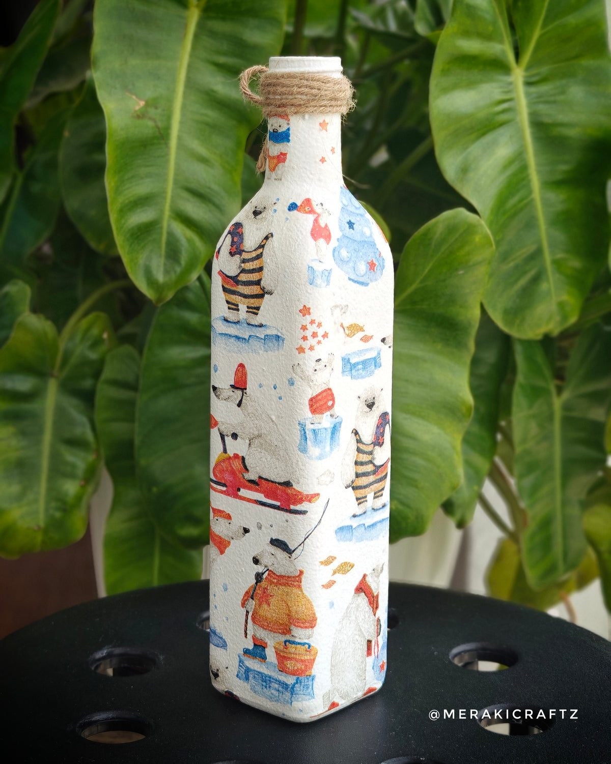 Handcrafted Upcycled Decoupaged Glass Bottle / Table Lamp – Polar Bear Winter Wonderland
