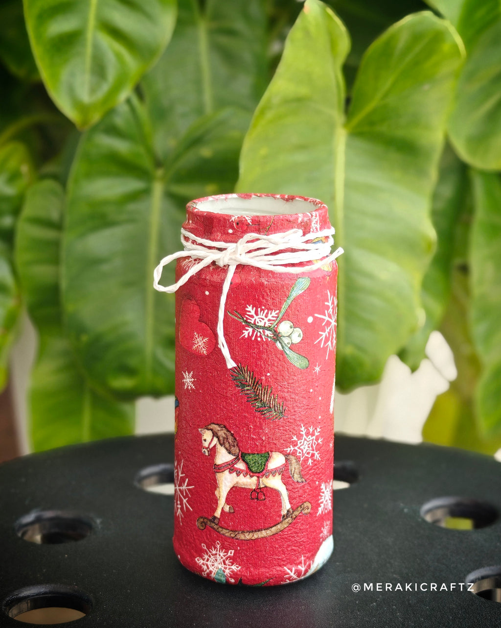 Handcrafted Upcycled Glass Jar Organiser – Christmas Rocking Horse Wonderland