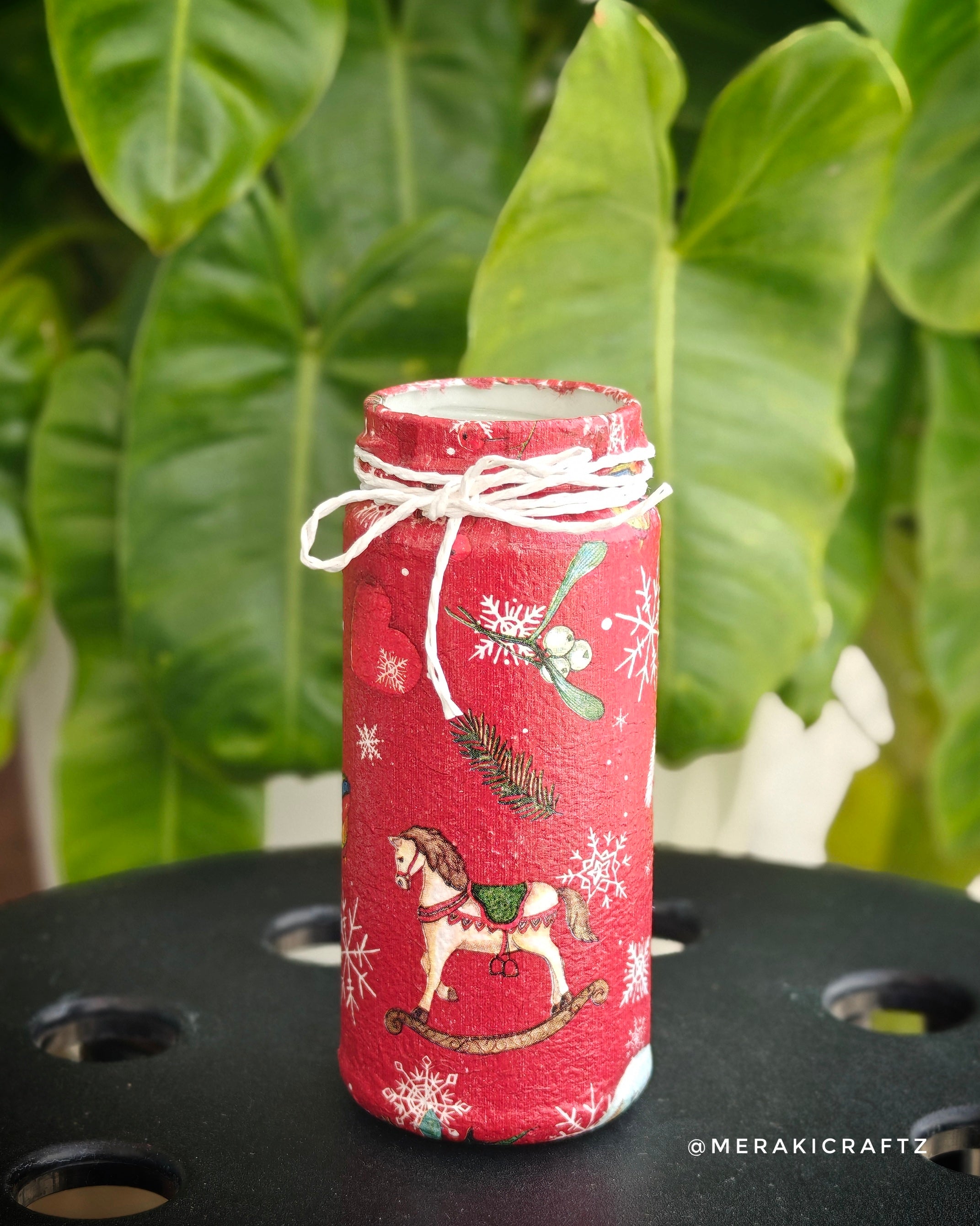Handcrafted Upcycled Glass Jar Organiser – Christmas Rocking Horse Wonderland