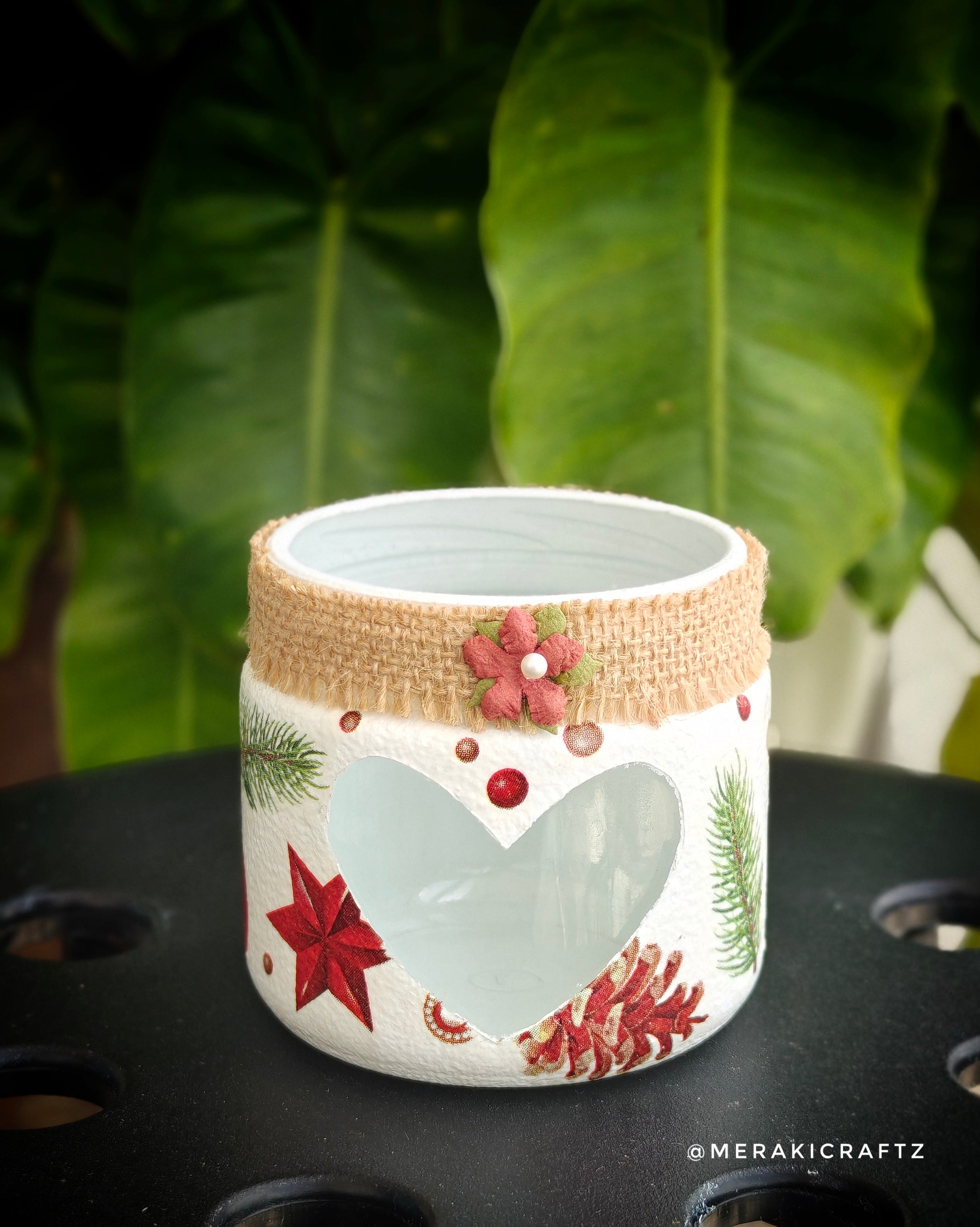 Handcrafted Upcycled Glass Jar Lantern & Organiser – Christmas Heart & Woodland Charm