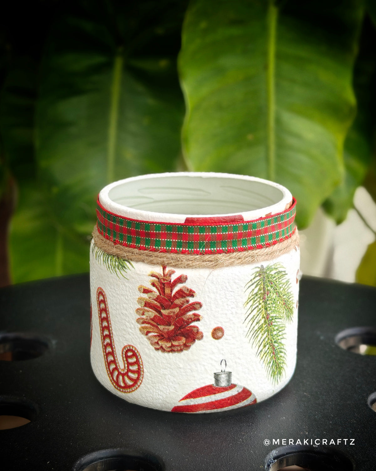 Handcrafted Upcycled Glass Jar – Rustic Christmas Pinecone & Candy Cane 1