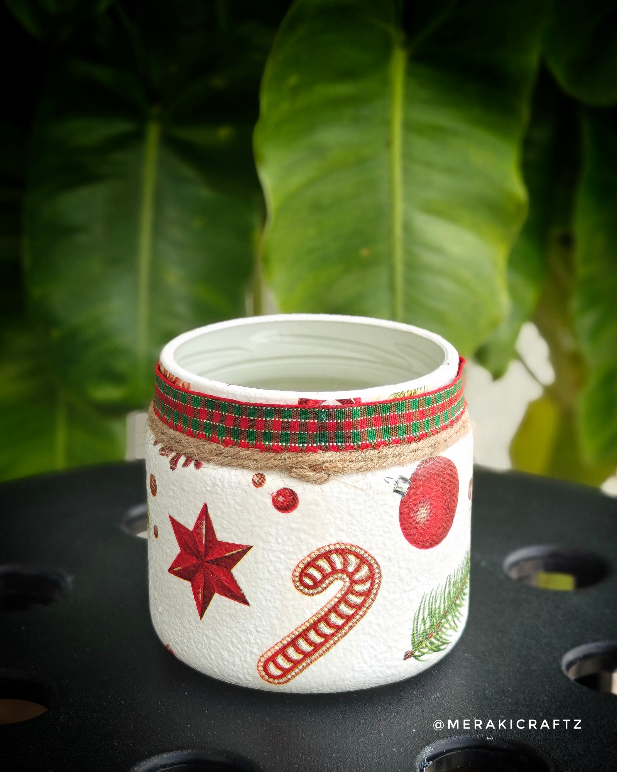 Handcrafted Upcycled Glass Jar – Rustic Christmas Pinecone & Candy Cane 1