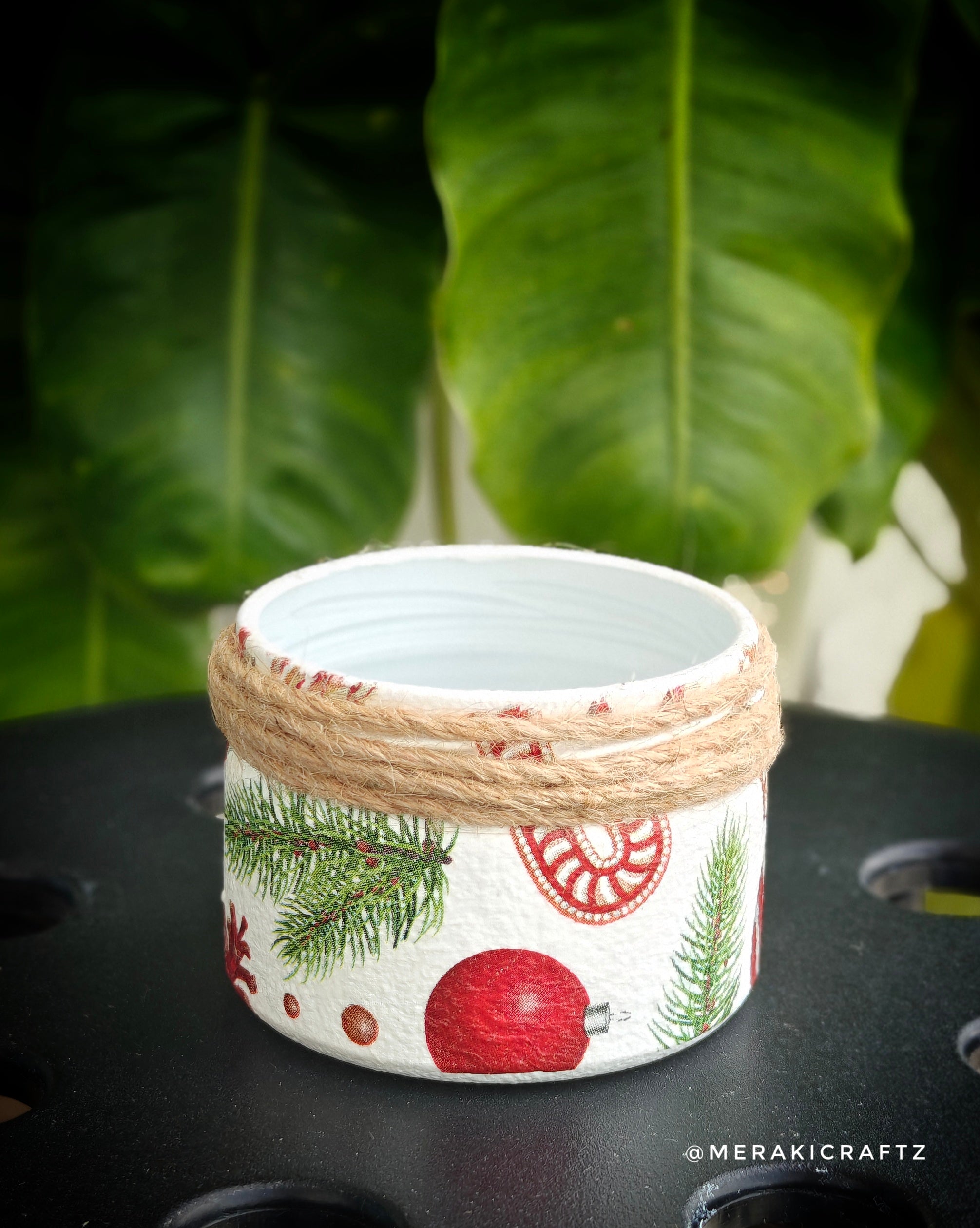 Handcrafted Upcycled Glass Jar – Rustic Christmas Pinecone & Candy Cane 2