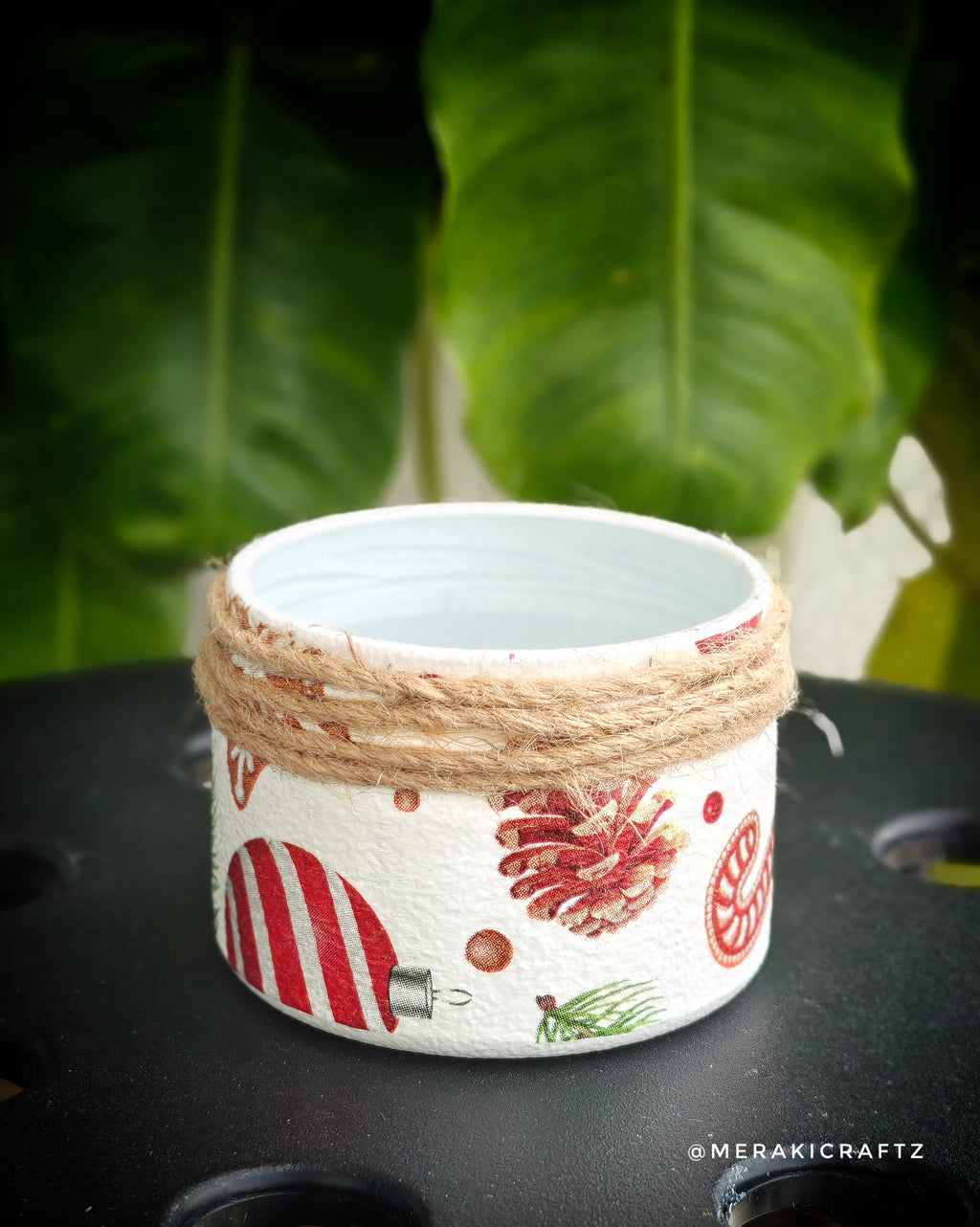 Handcrafted Upcycled Glass Jar – Rustic Christmas Pinecone & Candy Cane 2
