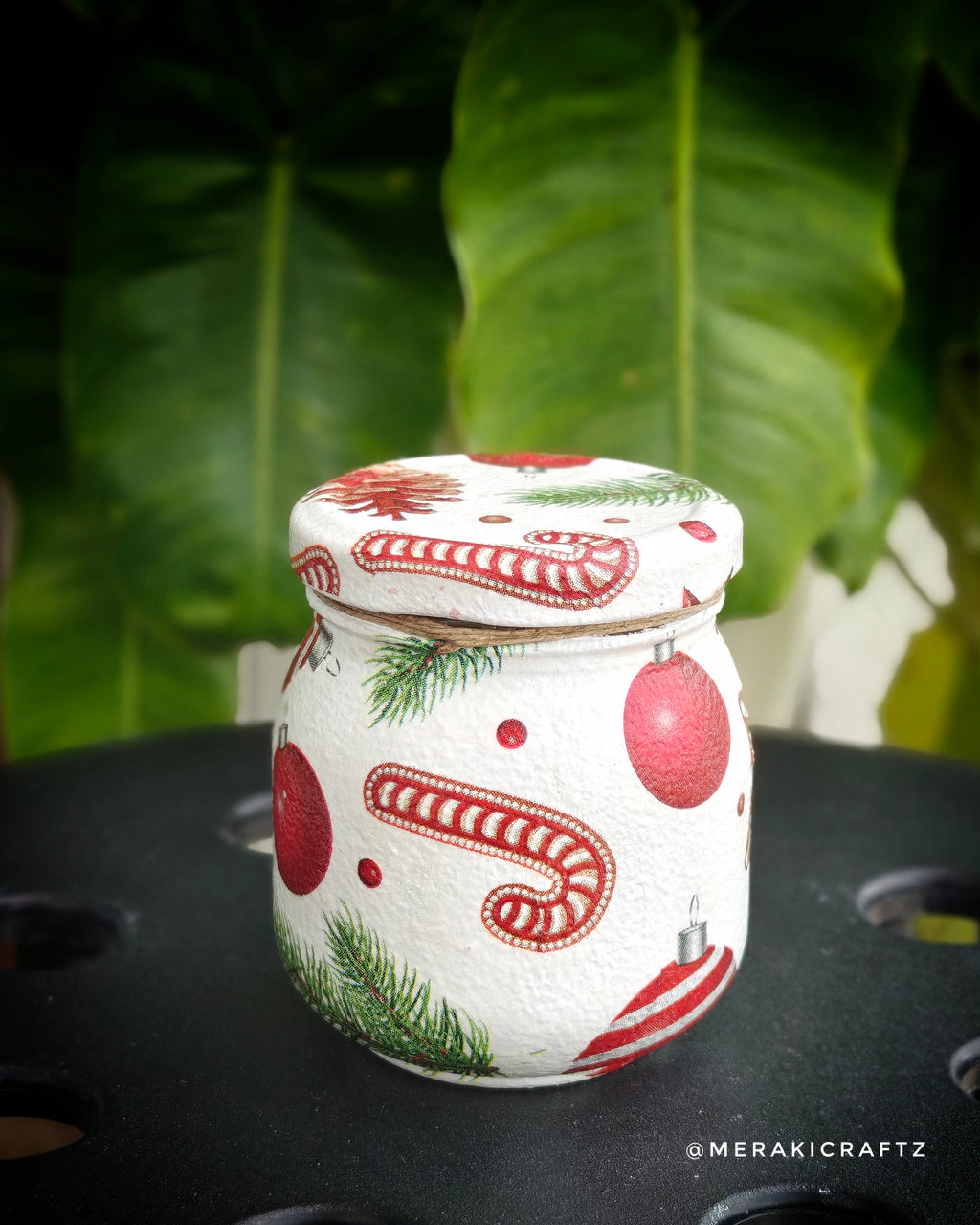 Handcrafted Upcycled Glass Jar with Lid – Rustic Christmas Candy Cane & Ornaments