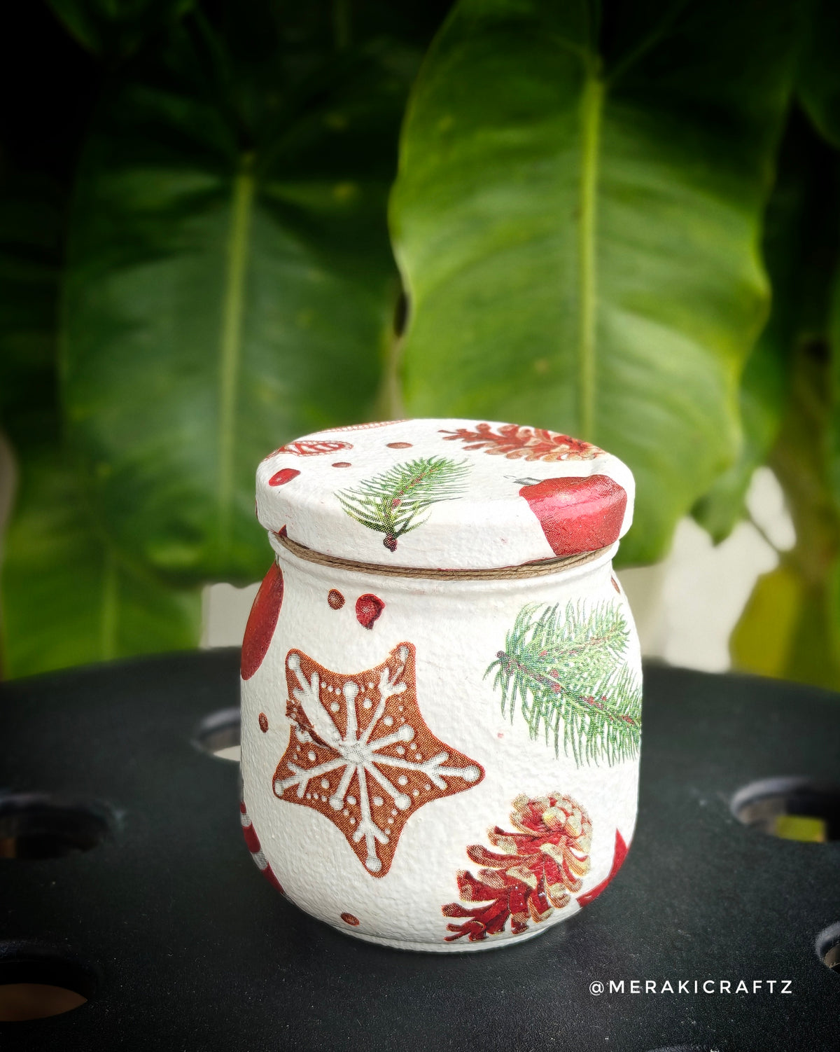 Handcrafted Upcycled Glass Jar with Lid – Rustic Christmas Candy Cane & Ornaments