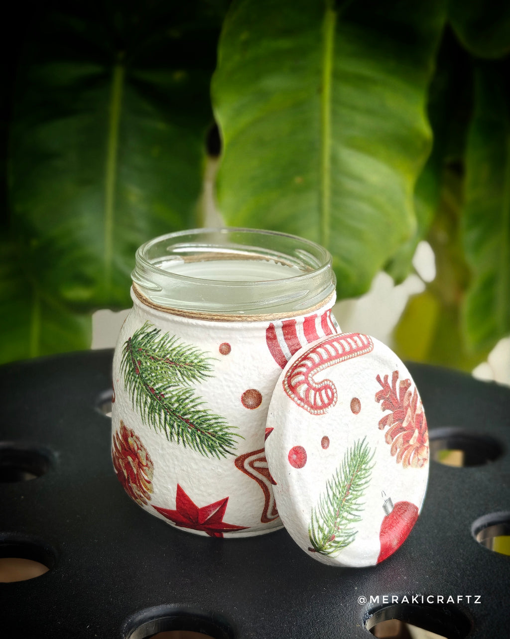 Handcrafted Upcycled Glass Jar with Lid – Rustic Christmas Candy Cane & Ornaments