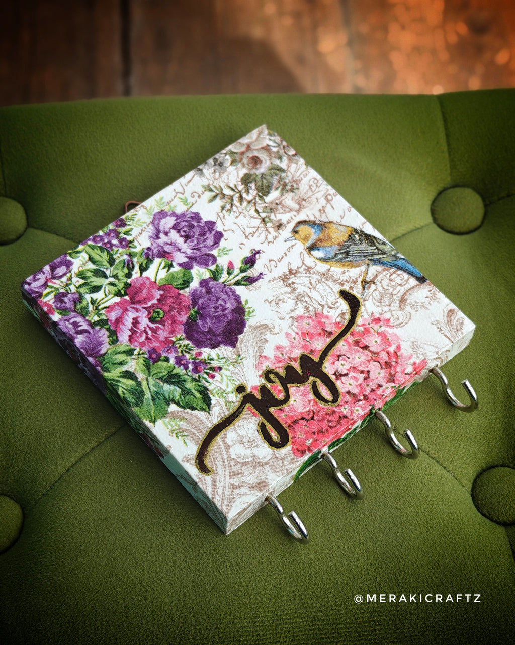 Handcrafted Decoupaged Pinewood Key Holder – Garden Song
