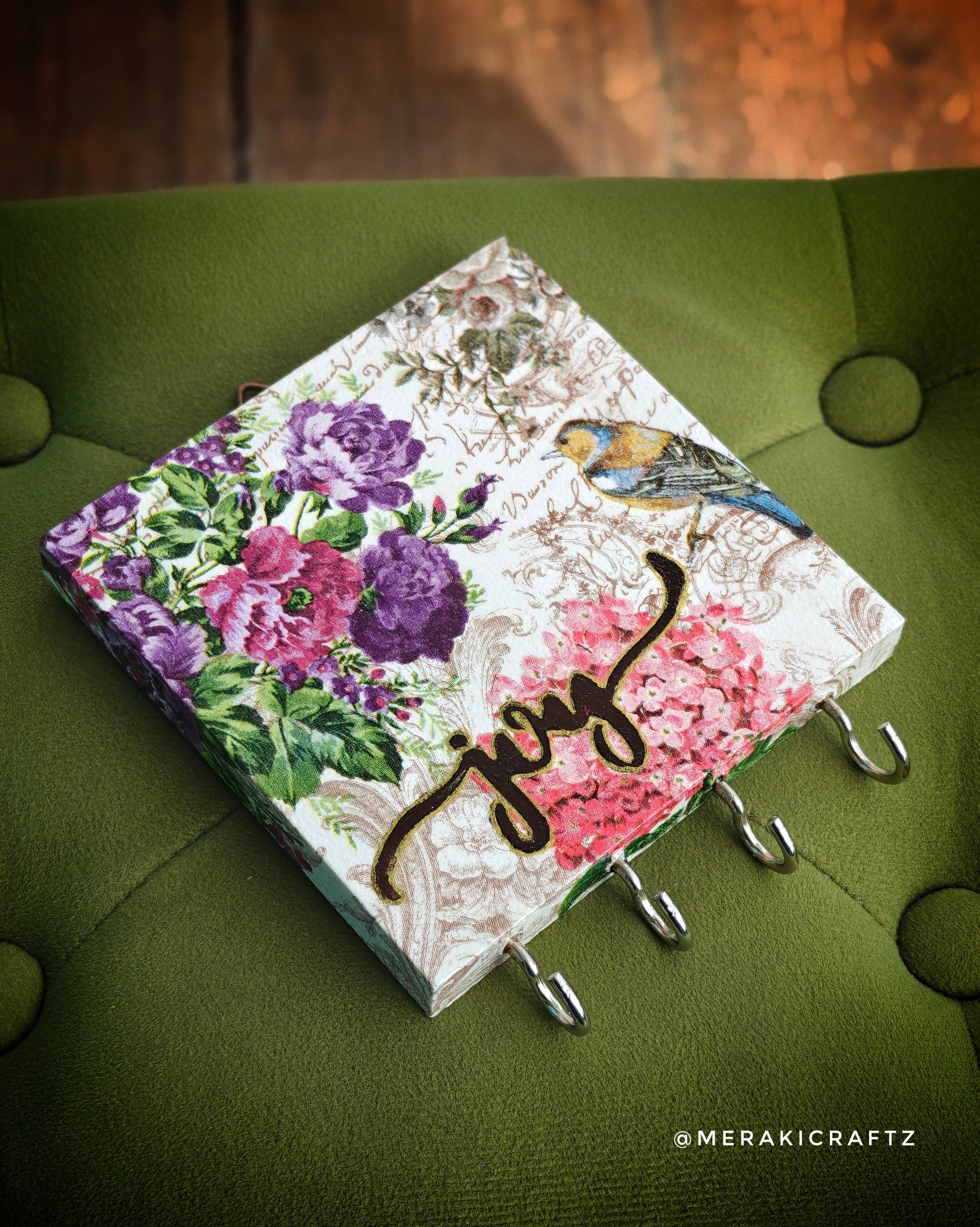 Handcrafted Decoupaged Pinewood Key Holder – Garden Song