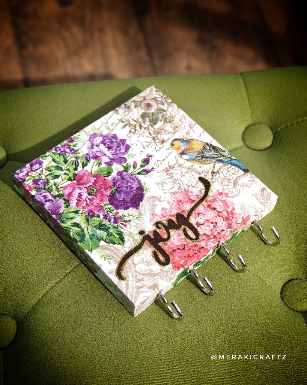Handcrafted Decoupaged Pinewood Key Holder – Garden Song