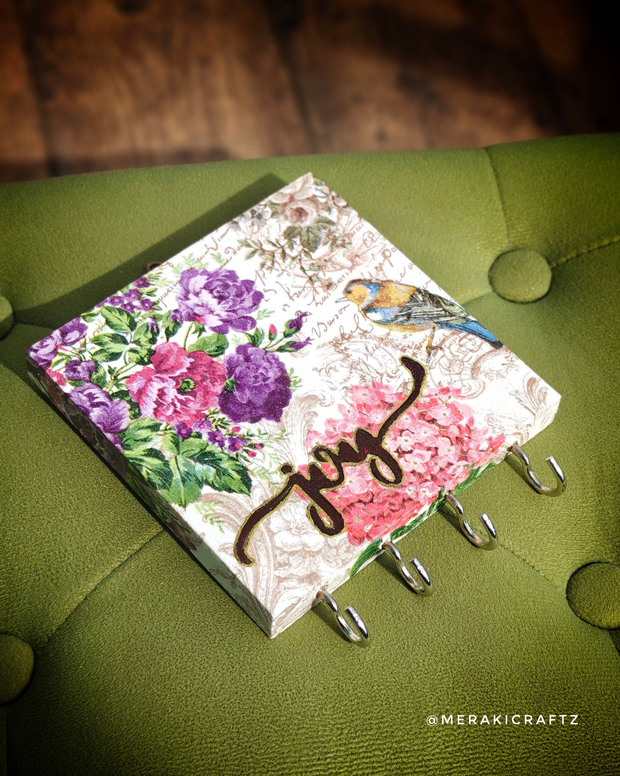 Handcrafted Decoupaged Pinewood Key Holder – Garden Song