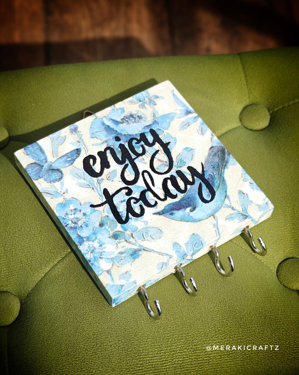 Handcrafted Decoupaged Pinewood Key Holder – Bluebird Bloom