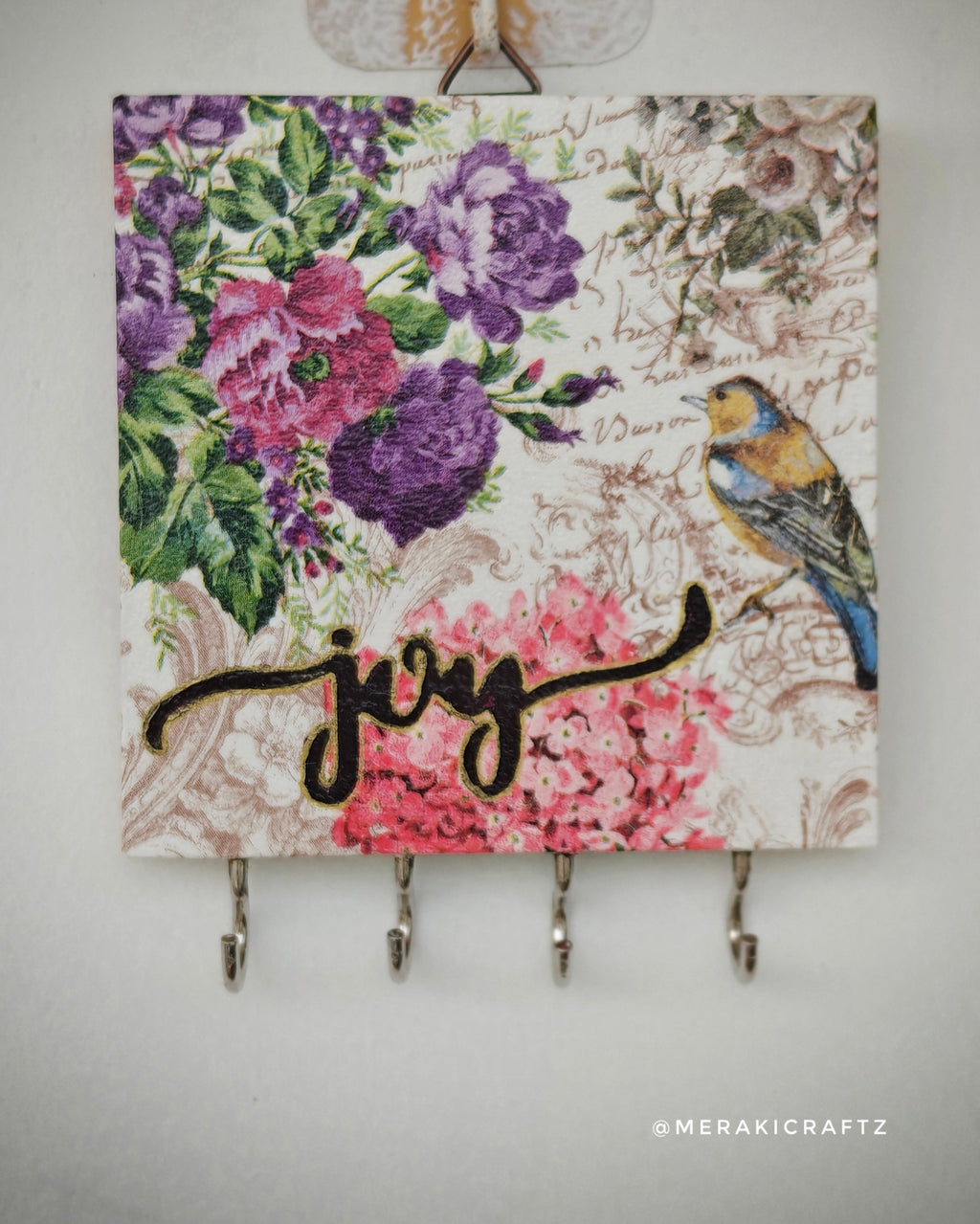 Handcrafted Decoupaged Pinewood Key Holder – Garden Song