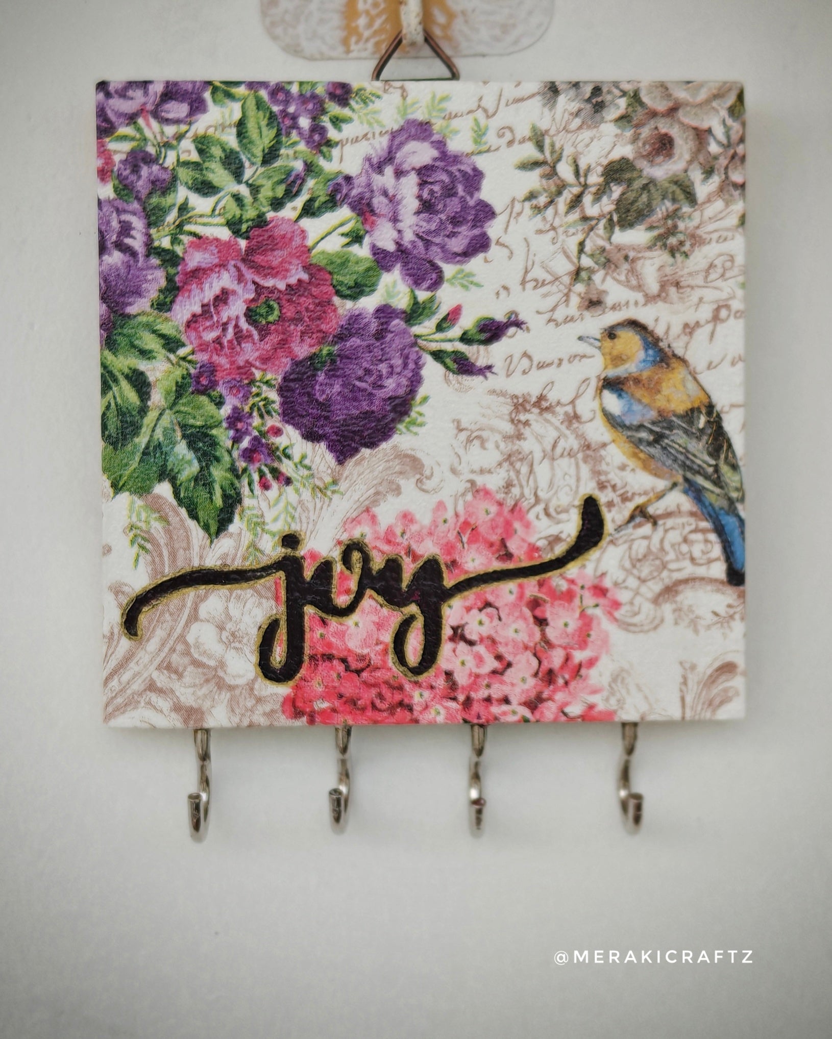 Handcrafted Decoupaged Pinewood Key Holder – Garden Song