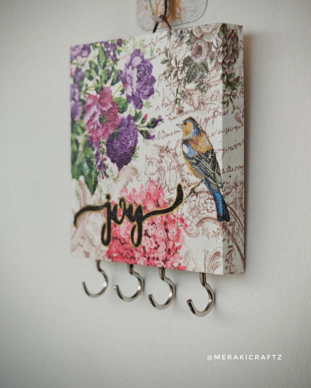 Handcrafted Decoupaged Pinewood Key Holder – Garden Song