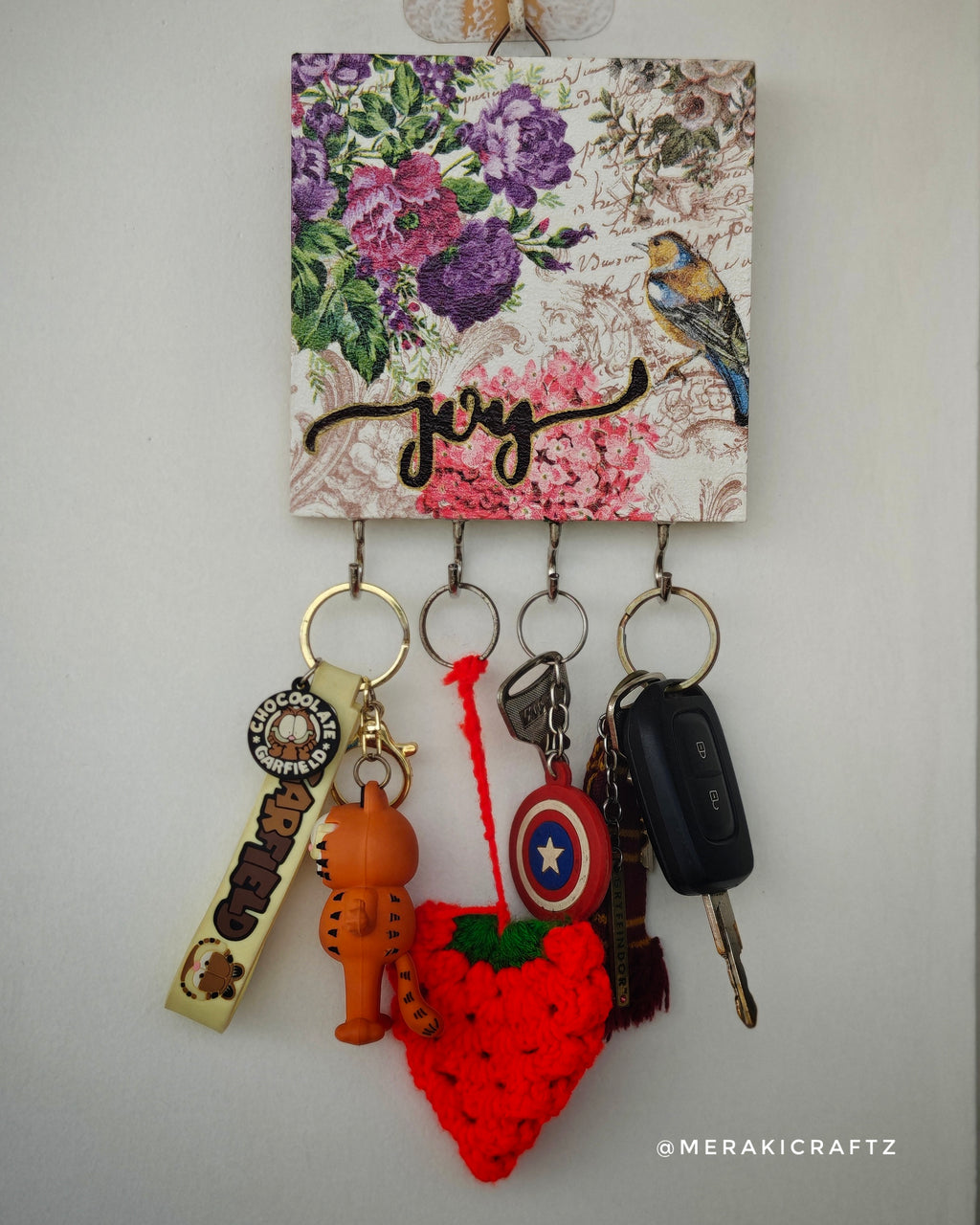 Handcrafted Decoupaged Pinewood Key Holder – Garden Song