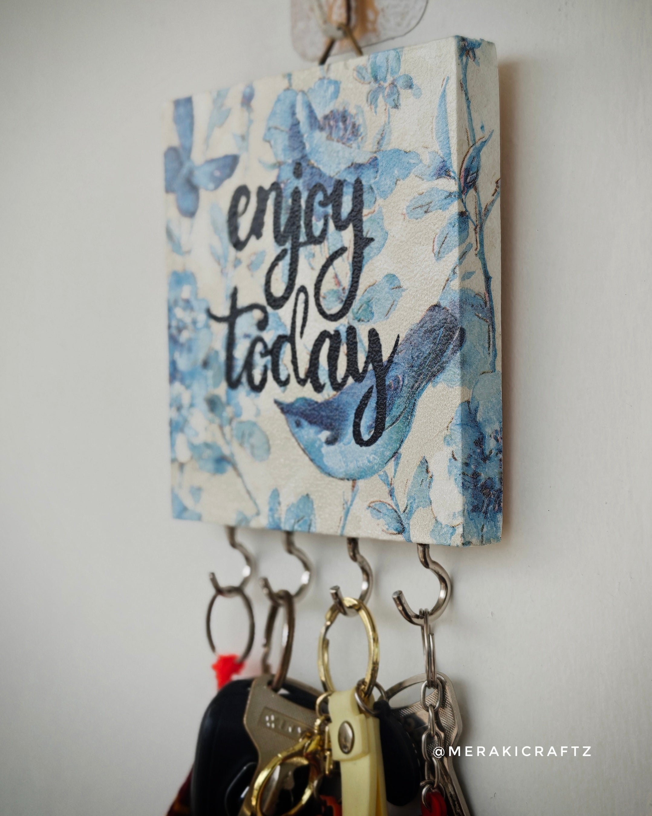 Handcrafted Decoupaged Pinewood Key Holder – Bluebird Bloom