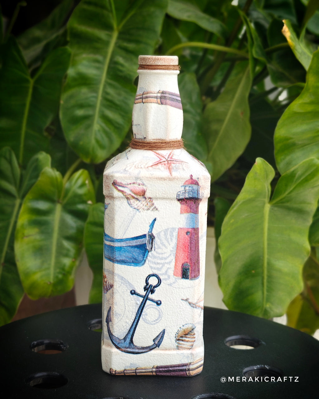 Handcrafted Upcycled Decoupaged Glass Bottle / Table Lamp – Coastal Nautical Voyage