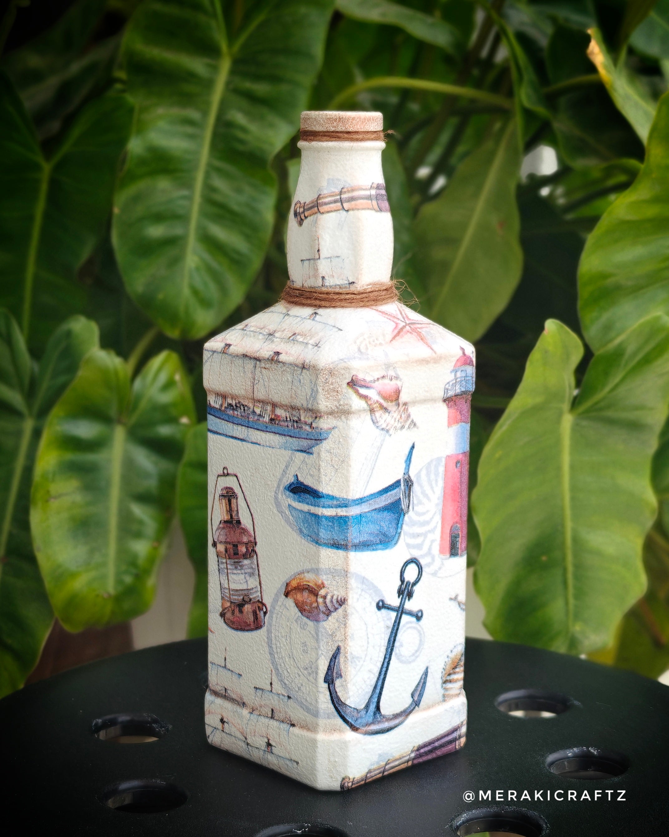 Handcrafted Upcycled Decoupaged Glass Bottle / Table Lamp – Coastal Nautical Voyage