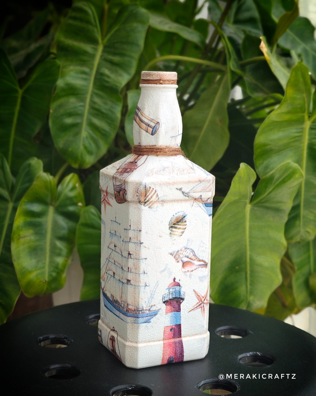 Handcrafted Upcycled Decoupaged Glass Bottle / Table Lamp – Coastal Nautical Voyage