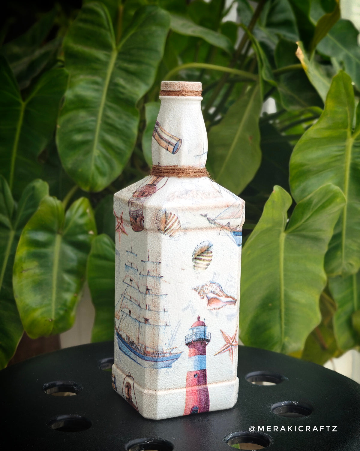 Handcrafted Upcycled Decoupaged Glass Bottle / Table Lamp – Coastal Nautical Voyage