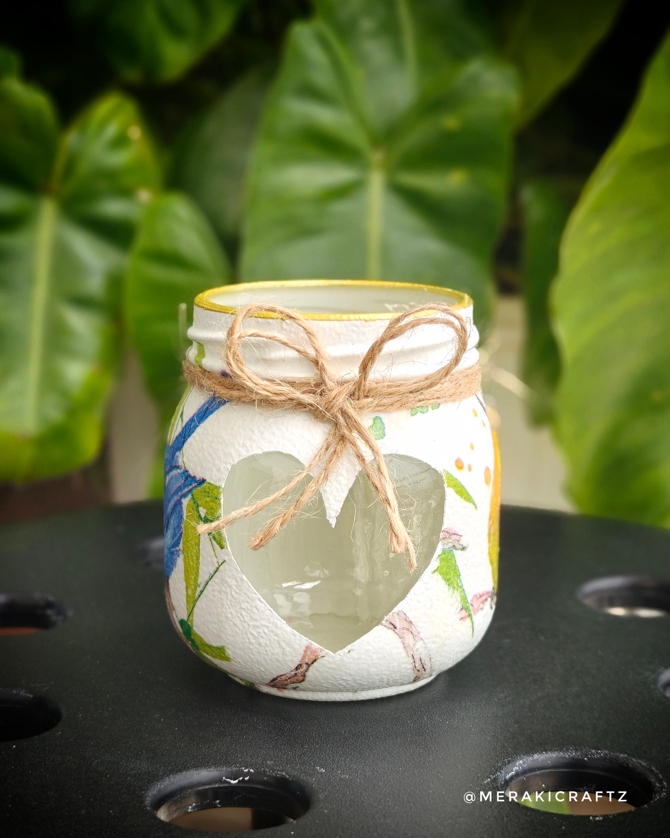 Handcrafted Upcycled Glass Jar Lantern & Organiser – Colourful Garden Birds