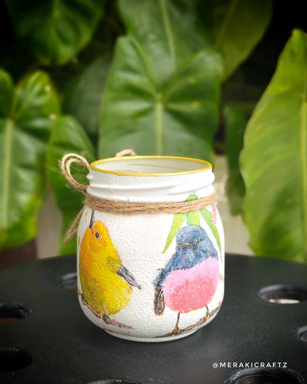 Handcrafted Upcycled Glass Jar Lantern & Organiser – Colourful Garden Birds