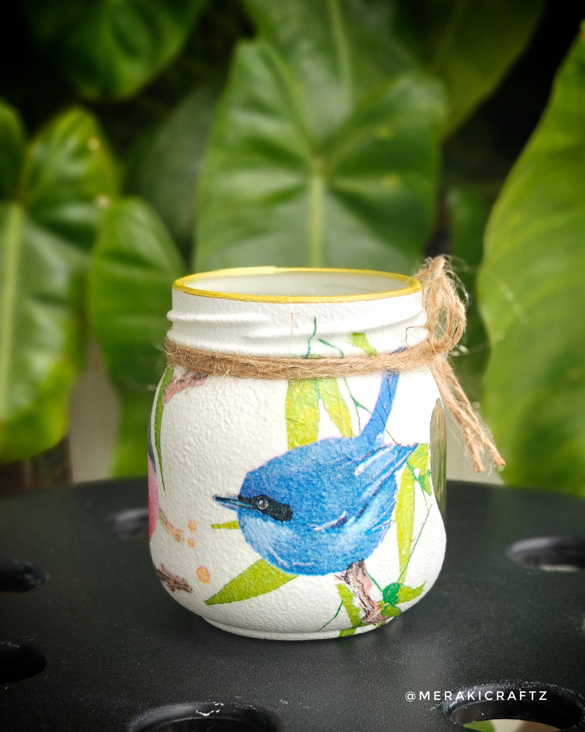 Handcrafted Upcycled Glass Jar Lantern & Organiser – Colourful Garden Birds