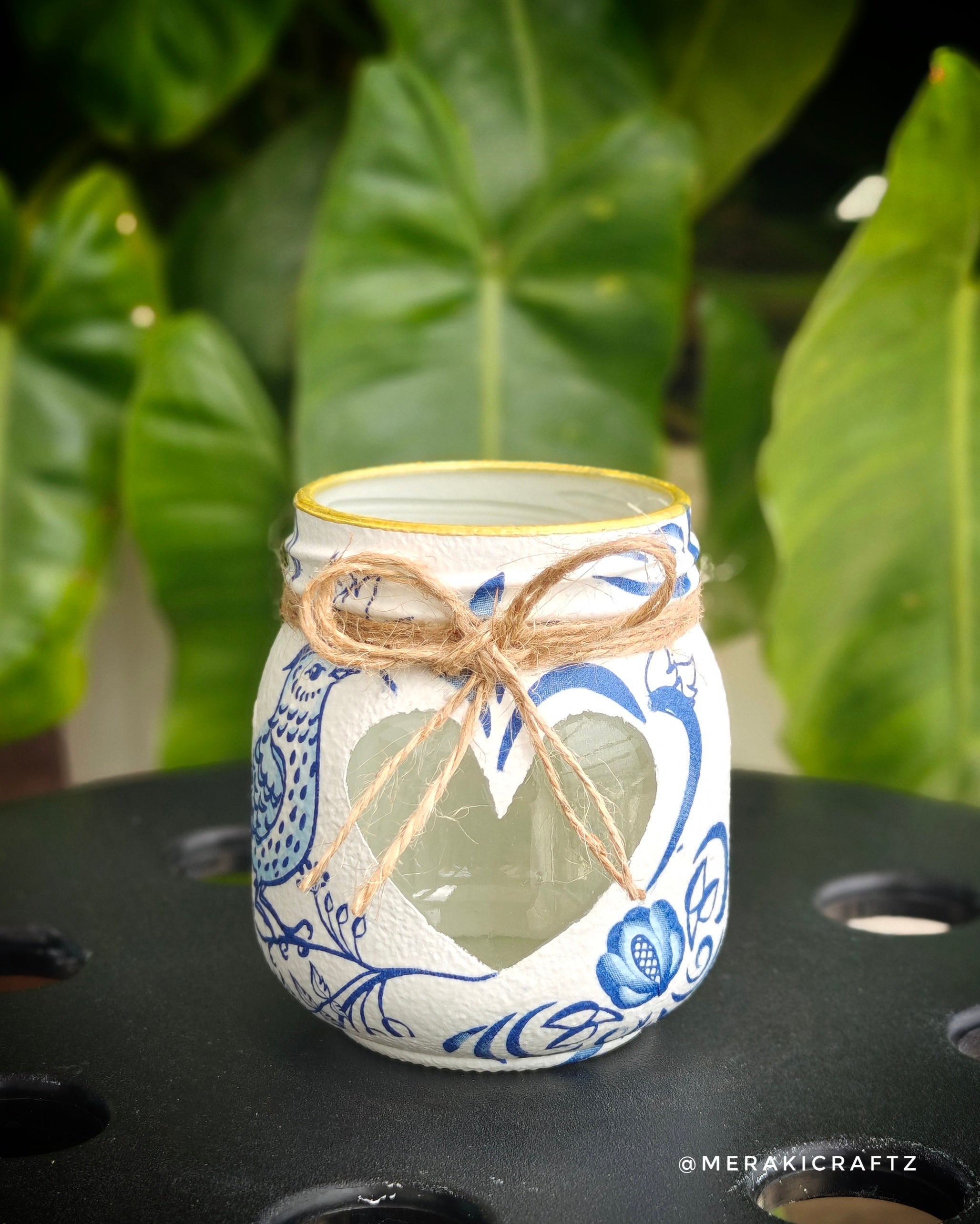 Handcrafted Upcycled Glass Jar Lantern & Organiser – Blue Bird Garden