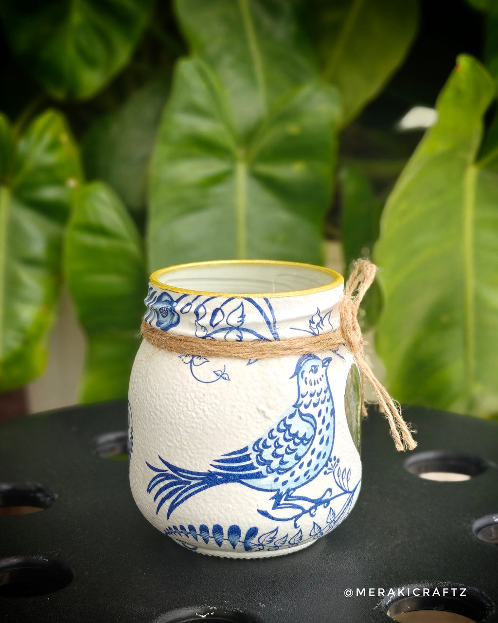 Handcrafted Upcycled Glass Jar Lantern & Organiser – Blue Bird Garden
