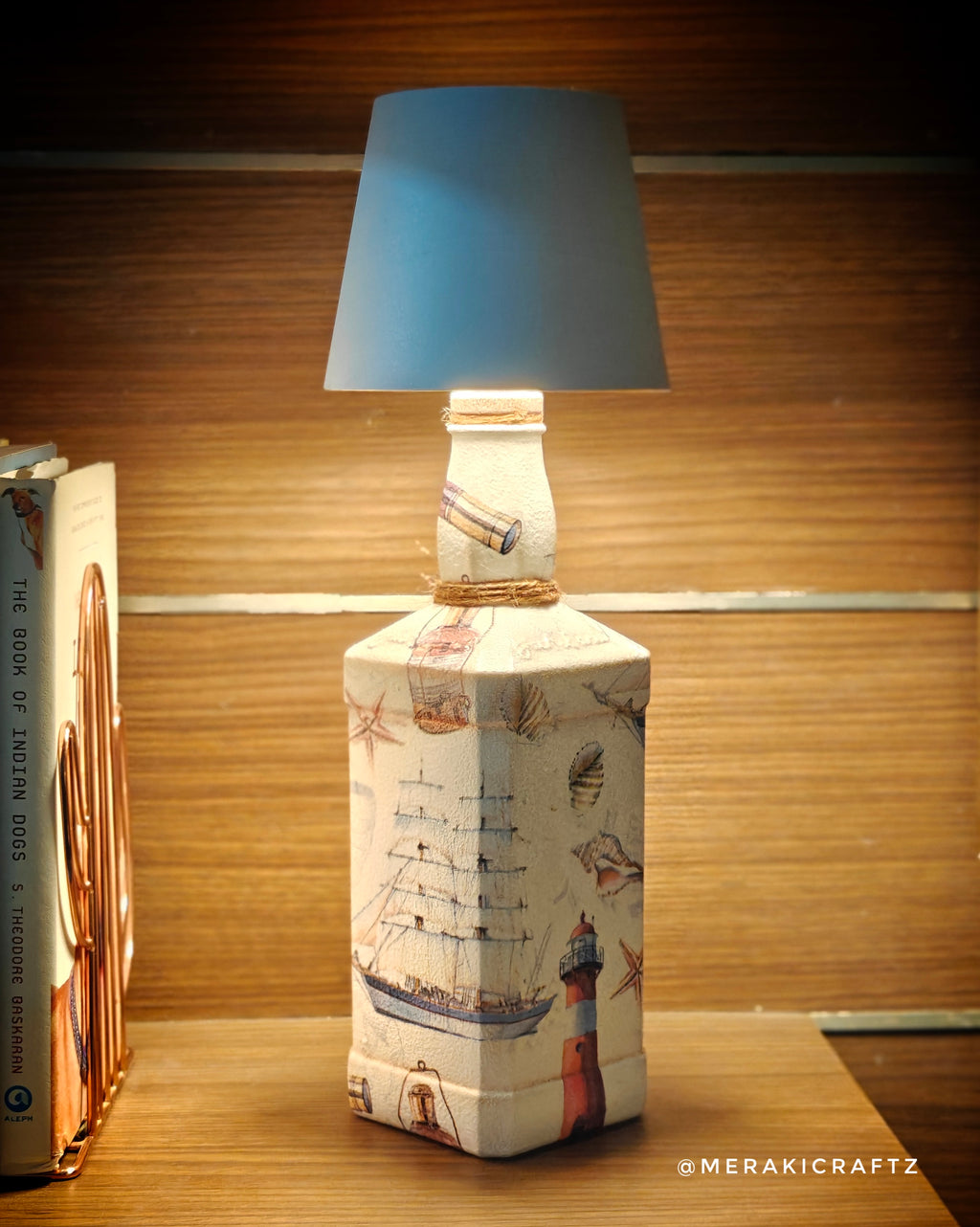 Handcrafted Upcycled Decoupaged Glass Bottle / Table Lamp – Coastal Nautical Voyage