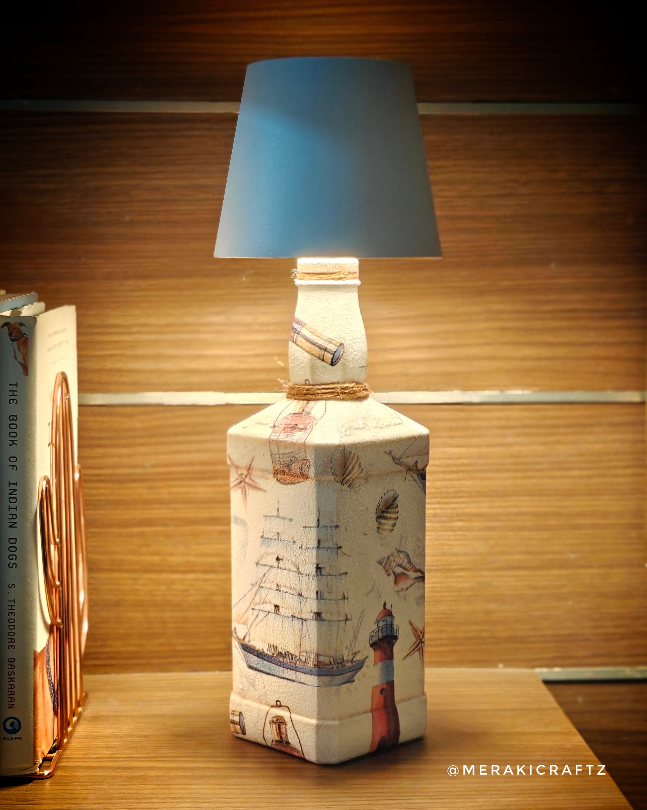Handcrafted Upcycled Decoupaged Glass Bottle / Table Lamp – Coastal Nautical Voyage