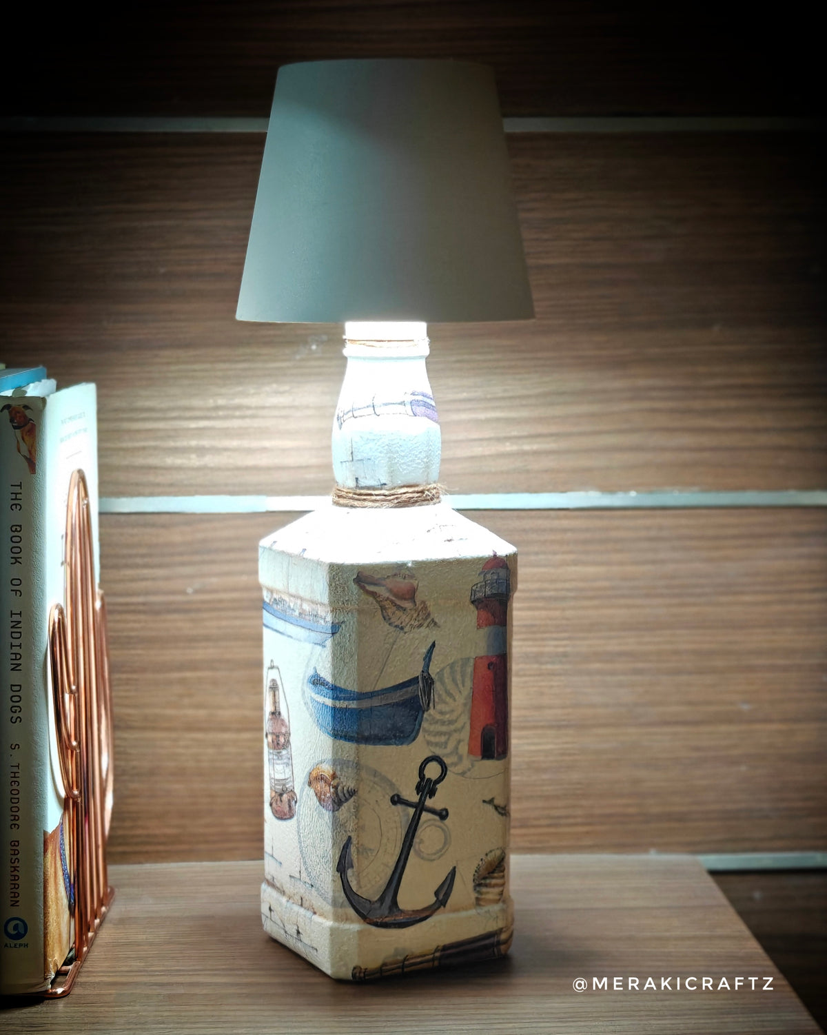 Handcrafted Upcycled Decoupaged Glass Bottle / Table Lamp – Coastal Nautical Voyage