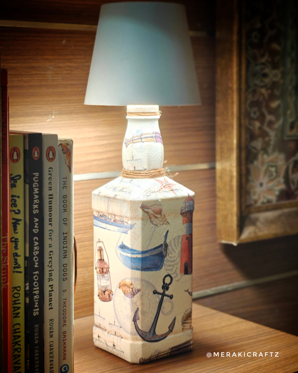 Handcrafted Upcycled Decoupaged Glass Bottle / Table Lamp – Coastal Nautical Voyage