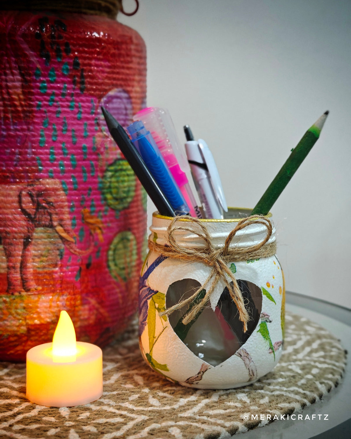 Handcrafted Upcycled Glass Jar Lantern & Organiser – Colourful Garden Birds