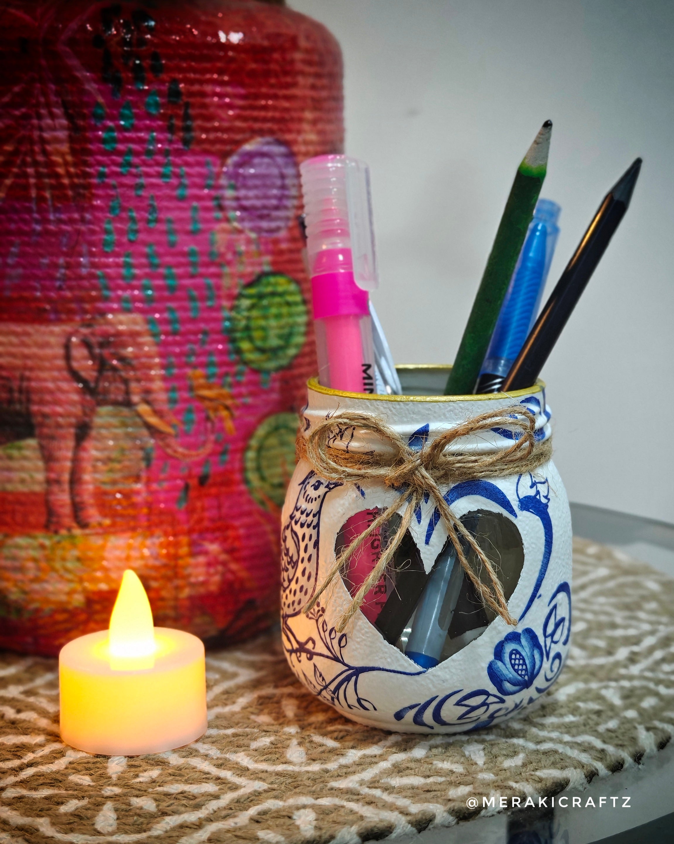 Handcrafted Upcycled Glass Jar Lantern & Organiser – Blue Bird Garden